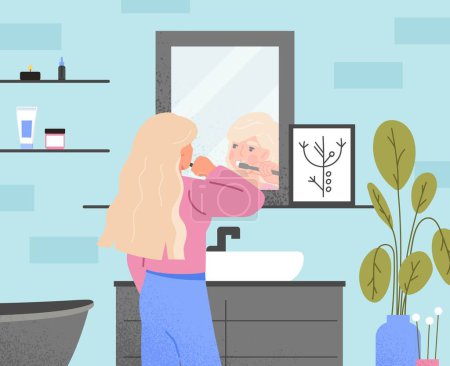 Illustration for Daily routine concept. Young girl brushes her teeth, character stands near mirror in bathroom, cleanliness and hygiene metaphor. Poster or banner for website. Cartoon flat vector illustration - Royalty Free Image