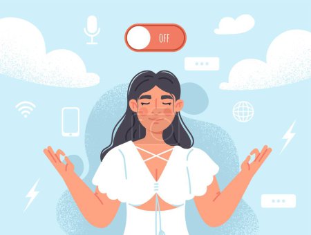 Illustration for Digital detox concept. Young girl takes break from social networks and messengers. Psychology and mental health, fight against addiction to gadgets and devices. Cartoon flat vector illustration - Royalty Free Image