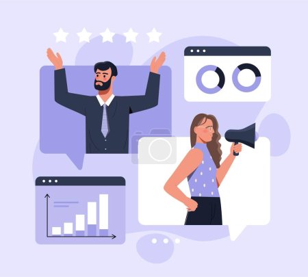 Digital marketing concept. Man and woman with graphs and charts, advertising. Modern technologies and digital world. Remote communication and interaction on Internet. Cartoon flat vector illustration