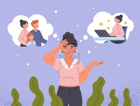 Dilemma family or work. Young girl compares her career and her husband with child. Scheduling and prioritization, logical thinking and comparison. Poster or banner. Cartoon flat vector illustration