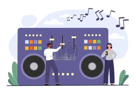 Illustration for Dj man concept. Young guy with sliders for processing music, songs and making beats. Creative personality in workplace. Party and disco, event and entertainment. Cartoon flat vector illustration - Royalty Free Image