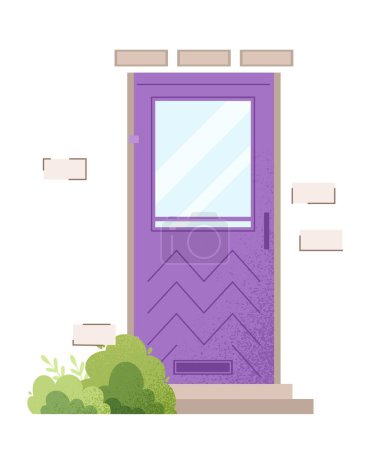 Illustration for Violet door concept. Exterior and facade, outdoor. Poster or banner for website. Entrance to private house or building. Template, layout and mockup. Cartoon flat vector illustration - Royalty Free Image