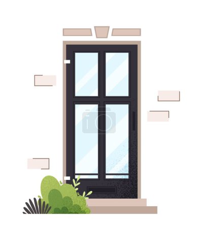 Illustration for Black door concept. Entrance to building, graphic element for website. Exterior and facade, city or town landscape. Traditional doorway outdoor. Cartoon flat vector illustration - Royalty Free Image