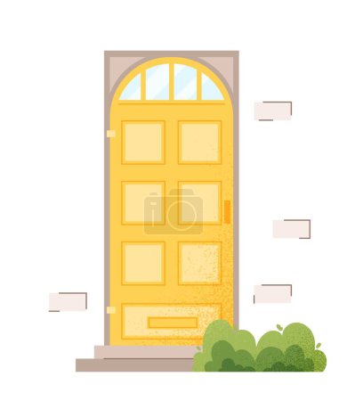Illustration for Yellow door concept. Poster or banner for website. Building facade and private property, real estate and daylight. Summer or spring season. Outdoor landscape. Cartoon flat vector illustration - Royalty Free Image