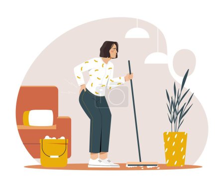 Illustration for Exhausted housewife concept. Young girl with mop stands and holds on to her lower back, overworked young girl and health problems. Emotional burnout and crisis. Cartoon flat vector illustration - Royalty Free Image