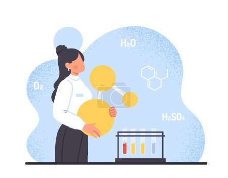 Illustration for Experiments in laboratory. Girl with molecular structure next to test tubes with multicolored sbstations. Poster or banner. Science and molecular biology, chemistry. Cartoon flat vector illustration - Royalty Free Image