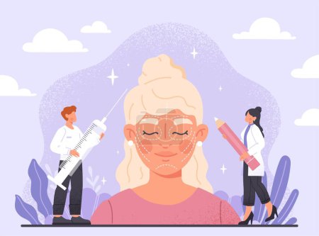 Illustration for Facial plastic surgery. Young girl at doctors for cosmetic procedures. Beauty and hygiene. Man with syringe and woman with pencil pick up medicine. Poster or banner. Cartoon flat vector illustration - Royalty Free Image