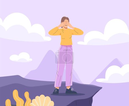 Illustration for Fear of heights. Woman stands near abyss and closes her eyes. Phobia and psychology, mental health. Young girl at top of cliff. Danger and risk. Poster or banner. Cartoon flat vector illustration - Royalty Free Image
