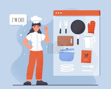 Illustration for Female chef concept. Woman in white hat stands near smartphone with icons of tools and kitchen utensils. Professional in workplace. Poster or banner for website. Cartoon flat vector illustration - Royalty Free Image