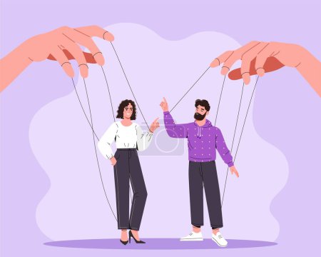Illustration for Concept of manipulation. Man and woman on ropes. Violence and aggression, management and puppets. Psychological problems and mental health. Poster or banner. Cartoon flat vector illustration - Royalty Free Image
