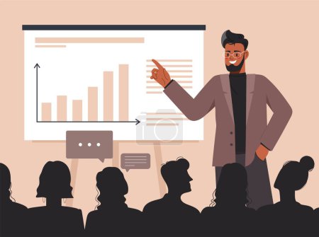 Illustration for Meeting business partners. Man leads presentation, stands near graphs and diagrams. Public speaking, orator and speaker. Working with statistics and infographics. Cartoon flat vector illustration - Royalty Free Image
