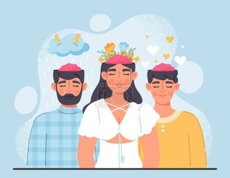 Illustration for Mental health concept. Men and women with flowers on their heads. Positivity and optimism. Mindfulness and awareness, psychology. Characters with different moods. Cartoon flat vector illustration - Royalty Free Image