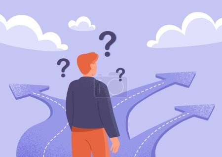 Illustration for Path choice concept. Man stands at fork with three roads. Young guy determines path of life and makes decision. Metaphor for thought process. Graphic element for site. Cartoon flat vector illustration - Royalty Free Image