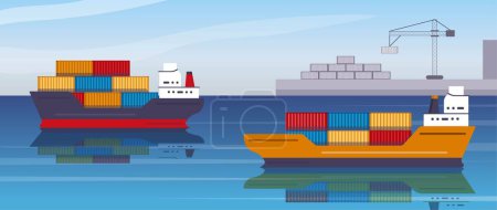 Illustration for Sea shipping concept. Transportation of goods and multicolored aluminium containers. International trade globalization, logistics. Poster or banner for website. Cartoon flat vector illustration - Royalty Free Image