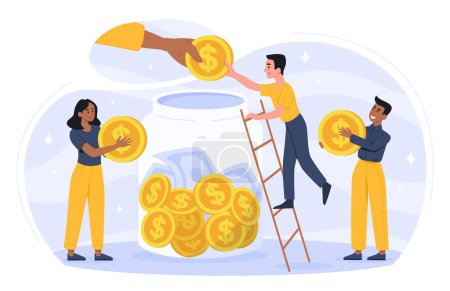 Illustration for Social support concept. Men and woman with gold coins in their hands near glass jar. Charity, donations and generosity. Volunteers and activists, poster or banner. Cartoon flat vector illustration - Royalty Free Image