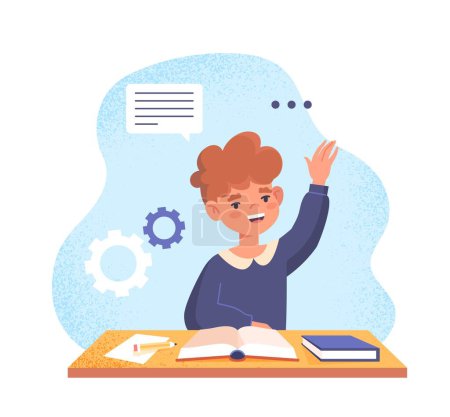 Illustration for Schoolboy at classroom. Education, learning and learning, little boy raises his hand and prepares to answer question. Talented and hardworking student at lesson. Cartoon flat vector illustration - Royalty Free Image