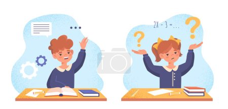 Illustration for Students at lesson set. Collection of graphic elements for website. Schoolboy and schoolgirl at desk, education, learning and training. Cartoon flat vector illustrations isolated on white background - Royalty Free Image