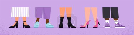 Illustration for Various shoes set. Collection of graphic elements for website. Fashion, trend and style. Aesthetics and elegance. Young girls pack. Cartoon flat vector illustrations isolated on violet background - Royalty Free Image