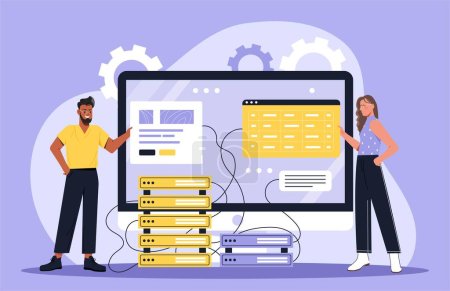 Website hosting concept. Man and woman next to servers and computer. Information storage and wireless transmission, Internet. Modern technologies and digital world. Cartoon flat vector illustration