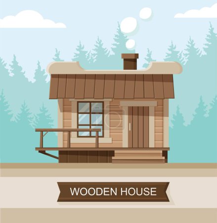 Illustration for Wooden house concept. Cute building in forest, graphic element for website. Calmness and inner balance. Natural landscape, active lifestyle and hiking, outdoor. Cartoon flat vector illustration - Royalty Free Image