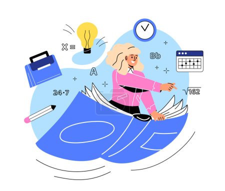 Illustration for Back to school concept. Woman with notebook or textbook and math formulas. Education, learning and training. Schoolgirl or student with idea and school supplies. Cartoon flat vector illustration - Royalty Free Image