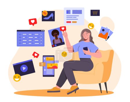 Illustration for Digital addiction concept. Woman sits with smartphone in her hand and watches content on social networks and instant messengers. Female character relax at home. Cartoon flat vector illustration - Royalty Free Image