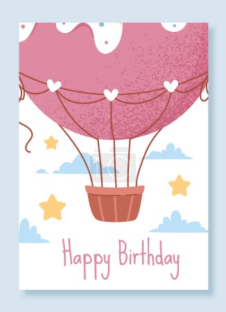 Illustration for Happy birthday card with air balloon. Air transport on background of stars and clouds. Gift and surprise for holiday or festival. Greeting and invitation postcard. Cartoon flat vector illustration - Royalty Free Image