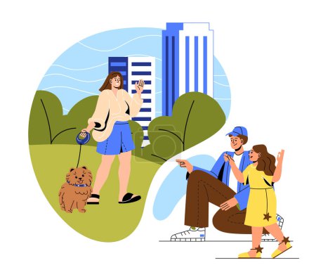 Illustration for Happy family concept. Man with daughter and woman with dog rest in nature, walk in city park. Good family relationships. Weekends and holiday. Cartoon flat vector illustration - Royalty Free Image