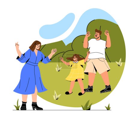 Illustration for Happy family concept. Man and woman with daughter standing in city park in clearing with flowers. Parents and child spend time together, relax in nature. Cartoon flat vector illustration - Royalty Free Image