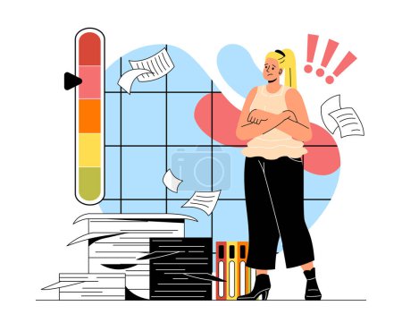 Illustration for High stress levels. Sad woman stands at her workplace among flying papers. Overworked employee with emotional burnout in office. Tired worker, inefficient workflow. Cartoon flat vector illustration - Royalty Free Image