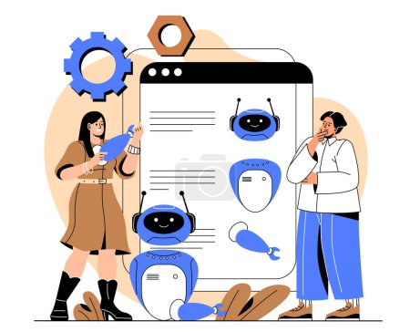 Illustration for Instruction for robot. Man and woman developing artificial intelligence and programming bot. Machine learning and neural network. Futuristic hi tech. Cartoon flat vector illustration - Royalty Free Image