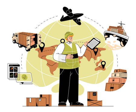 Illustration for International logistics management. Man with document stands next to globe. Import and export, globalization and trade. Transportation of goods, online shopping. Cartoon flat vector illustration - Royalty Free Image