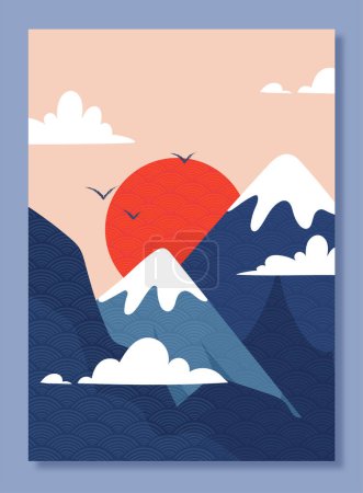 Ilustración de Cubierta japonesa con montañas. Hermoso panorama natural con colinas, sol rojo y aves. Arte y creatividad tradicional asiática. Amanecer o atardecer. Dibujos animados ilustración vector plano - Imagen libre de derechos