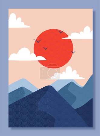Illustration for Japanese cover with mountains. Beautiful natural panorama with hills, clouds, birds and red sun. Wallpaper with landscape, sunset or sunrise. Traditional asian image. Cartoon flat vector illustration - Royalty Free Image
