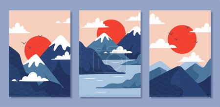 Illustration for Japanese covers pack. Asian style poster collection with red sun behind mountains. Beautiful oriental panorama and natural landscape. Cartoon flat vector illustrations isolated on grey background - Royalty Free Image