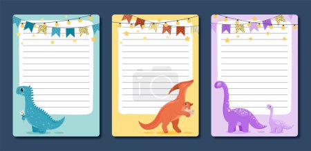 Illustration for Kids notebooks with dino set. Collection of notepad sheets with dinosaurs and garlands. Space for notes, to do list and memo, diary. Cartoon flat vector illustrations isolated on dark background - Royalty Free Image
