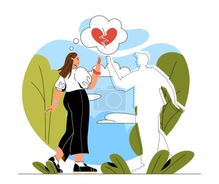 Illustration for Lonely woman concept. Young girl misses her exboyfriend or husband. Emotional burnout after parting, depression and frustration, negative emotions and feelings. Cartoon flat vector illustration - Royalty Free Image