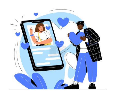 Illustration for Man using dating app. Young guy with heart in his hands stands near smartphone with girl. Communication in social networks and messengers. Relationships and love. Cartoon flat vector illustration - Royalty Free Image