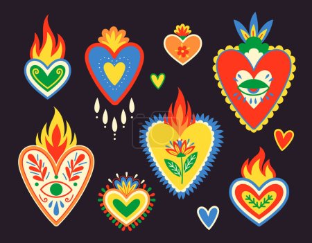 Illustration for Mexican sacred hearts set. Collection of traditional latin american patterns, social media stickers. Dia de los Muertos holiday. Cartoon flat vector illustrations isolated on dark background - Royalty Free Image