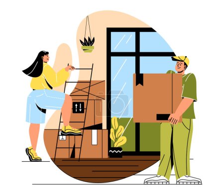 Illustration for Family moving to new home. Woman on stairs and man with box in his hands in house. Courier and hostess. Preparation for relocation and immigration. Cartoon flat vector illustration - Royalty Free Image