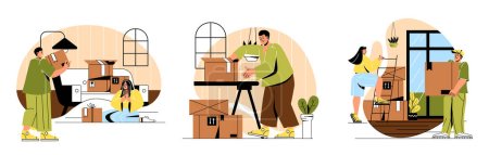 Illustration for Moving to new home set. Relocation and emigration. Men and women in apartment or house collect things in boxes, cardboard parcels. Cartoon flat vector illustrations isolated on white background - Royalty Free Image