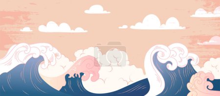Illustration for Ocean big wave. Poster or banner in Asian, Chinese and Japanese style. Beautiful natural panorama and seascape. - Royalty Free Image
