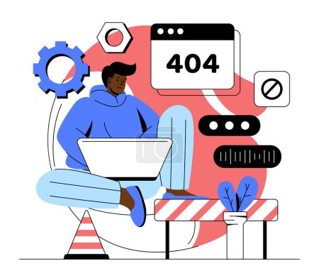 Illustration for Page not found concept. Sad man with laptop entered wrong website or webpage address, error 404. Technical work and error in code. Trouble and mistake. Cartoon flat vector illustration - Royalty Free Image