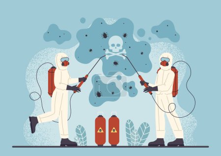 Illustration for Pest control concept. Characters in protective suits with insecticides. Plant care and room disinfection. Fighters with bugs and mosquito with spray, exterminators. Cartoon flat vector illustration - Royalty Free Image