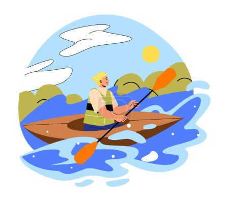 Ilustración de Rafting en canoa. Hombre navegando en barco con remo en sus manos. El joven va a un deporte extremo. Estilo de vida activo y ocio al aire libre. Carácter sentado en el barco. Dibujos animados ilustración vector plano - Imagen libre de derechos
