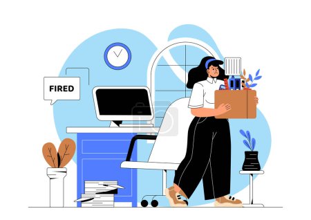 Illustration for Sad dismissed worker. Woman cries and leaves office with box of things. Unemployment and financial problems, laid off employee. Unemployed jobless benefit concept. Cartoon flat vector illustration - Royalty Free Image