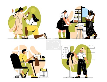 Illustration for Seamstress at work set. Collection of men and women embracing needlework. Manufacture of wearing apparel. Atelier and tailor in studio. Cartoon flat vector illustrations isolated on white background - Royalty Free Image