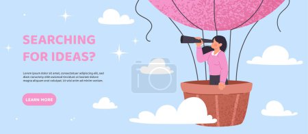 Illustration for Search service concept. Woman in hot air balloon with binoculars. Vision of future and goal setting. Search for arbotnikov or work. HR manager and recruitment. Cartoon flat vector illustration - Royalty Free Image