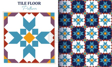 Illustration for Tile floor seamless pattern. Repeating design element for printing on fabric. Blue blooming flowers. Symbol of spring and summer season. - Royalty Free Image