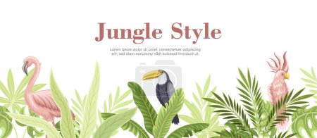 Illustration for Tropical horizontal banner. Flamingo and parrots in ternary and exotic foliage. Flora and fauna of jungle. Bright birds with palm leaves. Plants and leaf. Cartoon flat vector illustration - Royalty Free Image